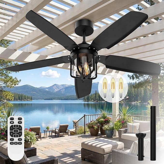52 inch Outdoor Ceiling fan with Light and Remote Control, IP65 Waterproof 2700K Color light Ceiling fan, Reversible Quiet DC Motor, 5 Blades Black Ceiling Fan for Patios Gazebos Pergolas