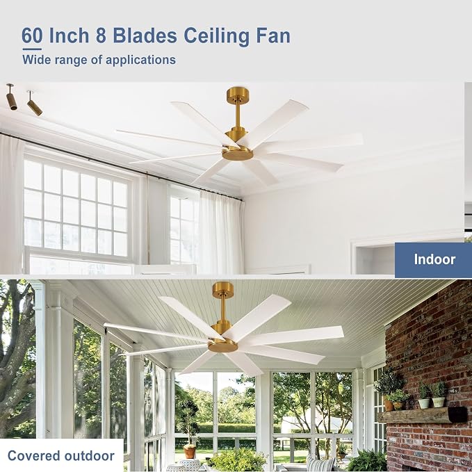 Farmhouse Ceiling Fan with Remote: 60" White and Gold 8-Blade 5-Speed Reversible DC Motor - Large Indoor/Outdoor Fan