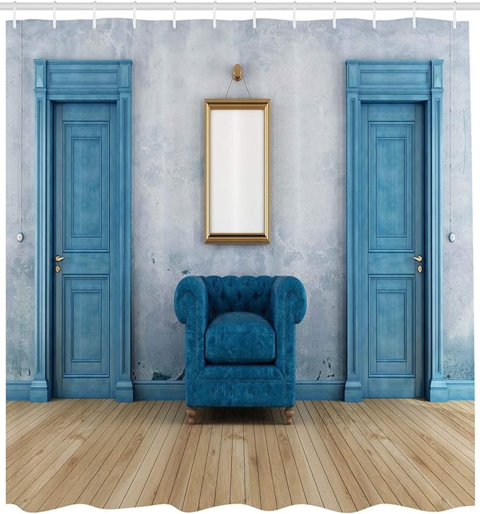 Ambesonne Antique Shower Curtain, Empty Space 2 Doors Armchair and Simple Mirror Golden Yellow Frame, Cloth Fabric Bathroom Decor Set with Hooks, 69" W x 84" L, Blue Sand Brown