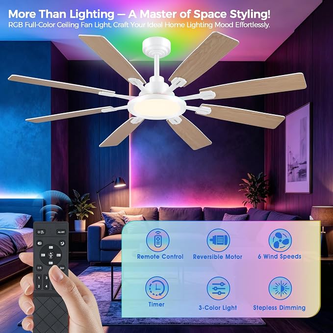 Ceiling Fan With Light & Remote Indoor/Outdoor Use 60 Inch RGB White | Remote Control,RGB Dimmable,Reversible DC Motor,3CCT,Timer,Noiseless,Ceiling Fan for Bedroom Living Room
