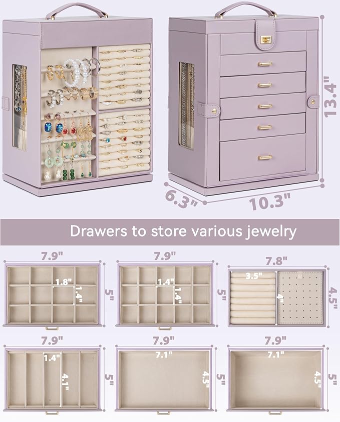AKOZLIN 6-Tier Jewelry Box Organizer Functional 5 Drawers Leather Jewelry Storage Case for Women Girls Ring Necklace Earring Bracelet Holder Organizer with Mirror XL Purple 360° Rotating