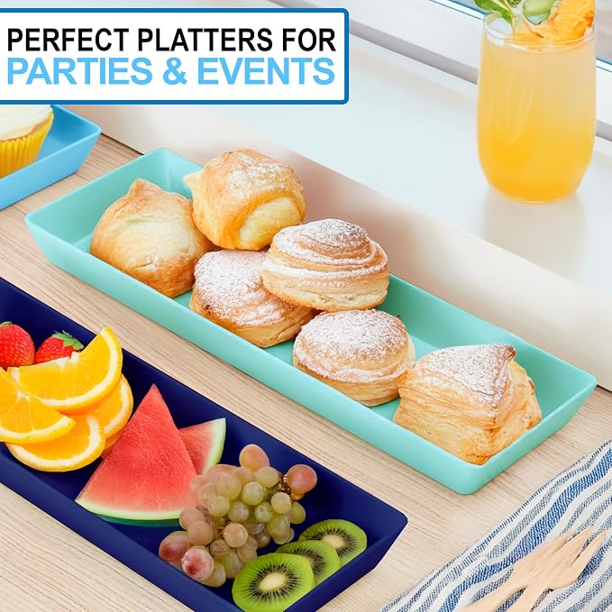 US Acrylic Coastal Plastic Serving Trays (Set of 4) 15” x 5” | Narrow Unbreakable Reusable Rectangular Party Platters | Serve Appetizers, Fruit, Veggies, & Desserts | BPA-Free & Made in USA