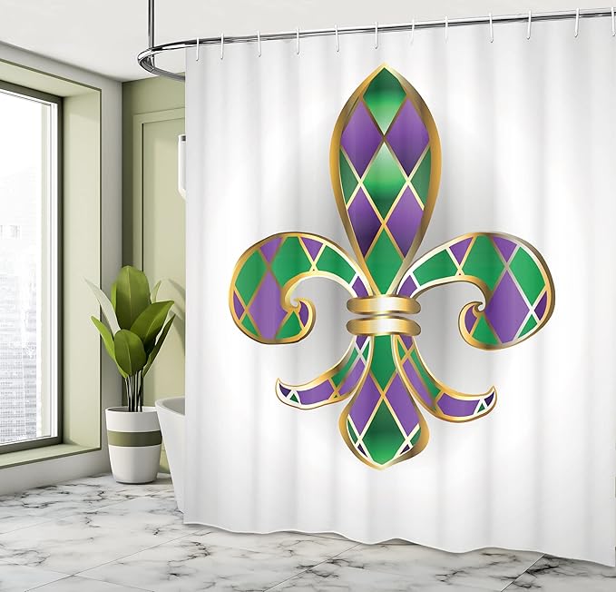 Ambesonne Fleur De Lis Shower Curtain, Golden Yellow Colored Lily Diamond Shapes Royalty Theme, Cloth Fabric Bathroom Decor Set with Hooks, 69" W x 70" L, Purple Green