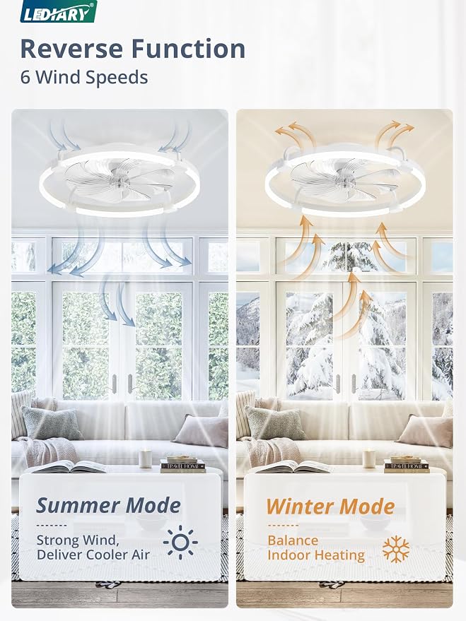LEDIARY 2 Pack Ceiling Fans with Lights and Remote, 24'' Low Profile Ceiling Fan with Light, 3000-6000K Dimmable Fandelier LED Fan Light, 6 Wind Speeds, White Flush Mount Ceiling Fan for Bedroom
