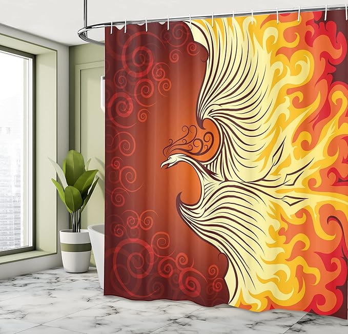 Ambesonne Orange Shower Curtain, Illustration of Flying Phoenix Bird in The Burning Mythical Creature Print, Cloth Fabric Bathroom Decor Set with Hooks, 69" W x 75" L, Orange and Yellow