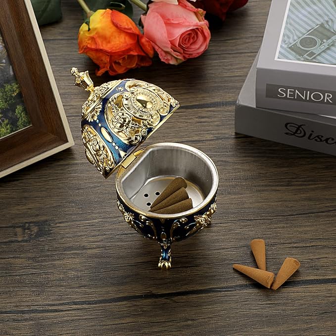 JUXYES Vintage Incense Burner Holder with Removable Ash Catchers, Metal Censer Antique Cone Coil Incense Burner Holder Zinc Alloy Spiritual Aromatherapy Yoga Meditation Gifts Retro Home Decoration