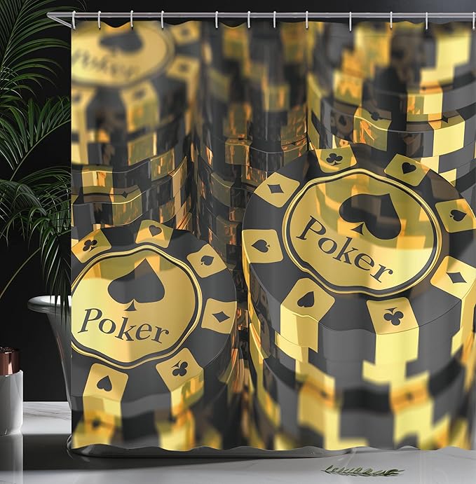 Ambesonne Poker Tournament Shower Curtain, Yellow and Black Poker Chips in Gambling Club Currency Stack Wager Print, Cloth Fabric Bathroom Decor Set with Hooks, 69" W x 70" L, Yellow Black