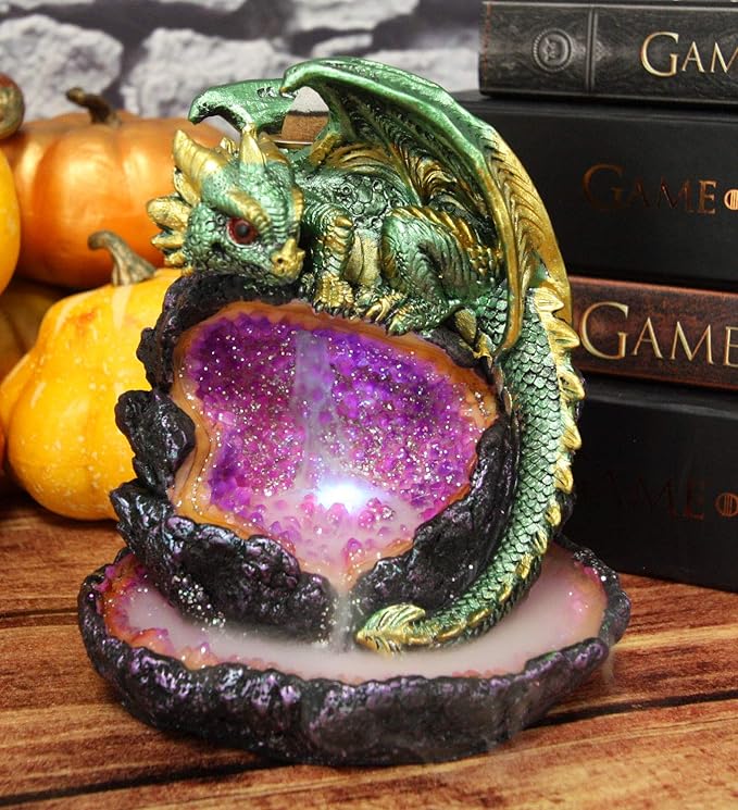 Ebros 5.5" Tall Andromeda Galaxy Wyrmling Dragon On Crystal Geode Rock Backflow Incense Cone Burner Statue with LED Night Light Dungeons Dragons Fantasy Decor Accent