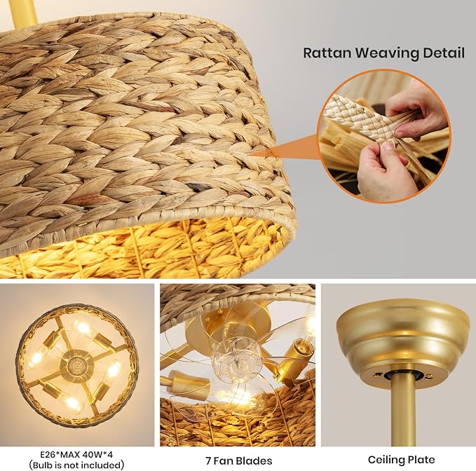 Boho Fandelier Ceiling Fans with Lights,Rattan Chandelier Fan Gold Caged Ceiling Fan with Light Remote Flush Mount Chandelier Ceiling Fan 6 Speeds Fandelier for Bedroom Living Room Kitchen