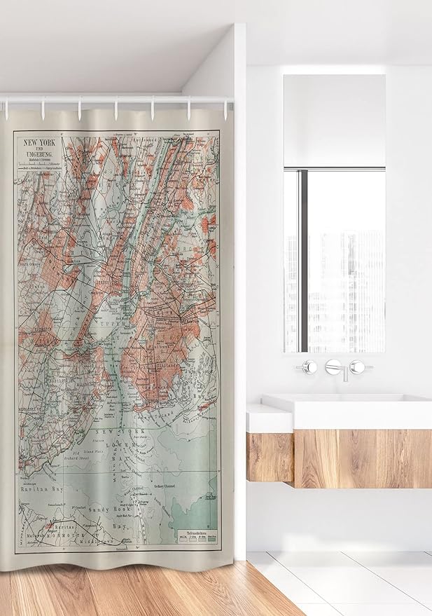 Ambesonne NYC Stall Shower Curtain, New York Old Map from End of 19th Century History Historical Antiques, Fabric Bathroom Decor Set with Hooks, 36" W x 72" L, Turquoise Beige