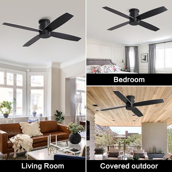 WINGBO 44" Flush Mount DC Ceiling Fan without Lights, 4 Reversible Plywood Blades, Quiet 6-Speed DC Motor, Hugger Low Profile Ceiling Fan No Lights for Bedroom, Black Finish