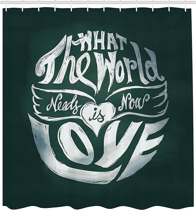 Ambesonne Saying Shower Curtain, What The World Needs Now is Love Lettering Art in Circle Typography Hippie Art, Cloth Fabric Bathroom Decor Set with Hooks, 69" W x 70" L, Emerald White