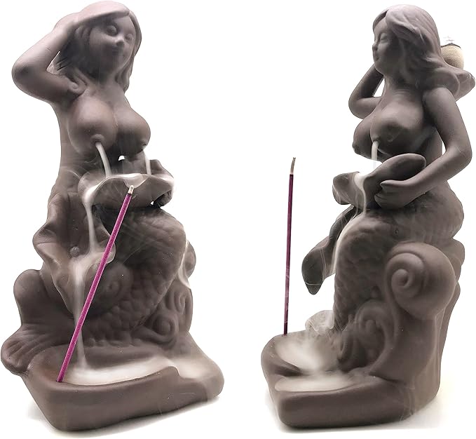 OTOFY Mermaid Ceramic Incense Holder Backflow Incense Burner with 10 Incense Cones Artwork Home Décor Figurine Aromatherapy Sculptures Fantasy Gifts (Mermaid)