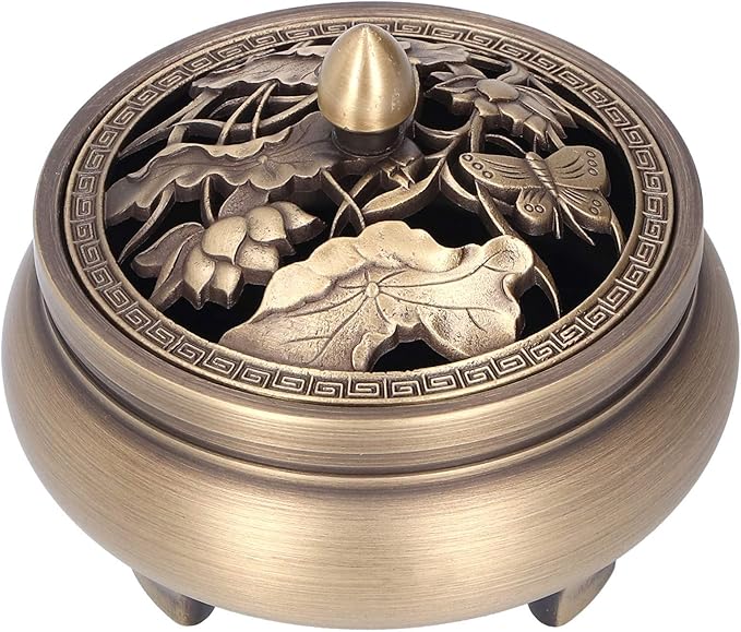 Antique Incense Burner Holder Brass with Lid 3‑Legged Buddha Ornament Home Decoration