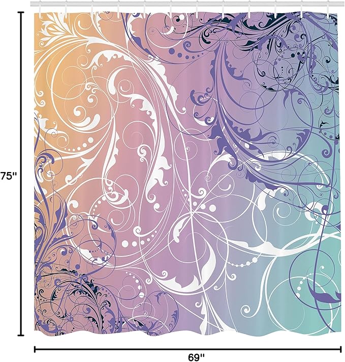 Ambesonne Floral Shower Curtain, Baroque Swirl Branches Curved Flower Leaves Shabby Form Nature Pattern, Cloth Fabric Bathroom Decor Set with Hooks, 69" W x 75" L, Lilac Teal