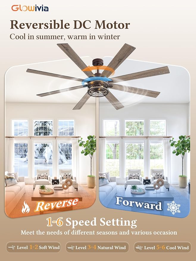72 Inch Ceiling Fans with Lights, Farmhouse Ceiling Fan with Lights and Remote, Dual Finish 8 Blades Black Caged Rustic Ceiling Fans with 6 Speed Reversible Motor for Indoor/Covered Outdoor