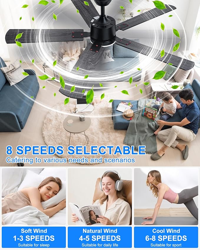 Coolwind 56 Inch Black Modern Ceiling Fan with Display Remote/APP Control, Quiet Ceiling Fan with Light with 8 Speeds & 3CCT, Dimmable, Timer, DC Reversible Motor for Bedroom, Living Room