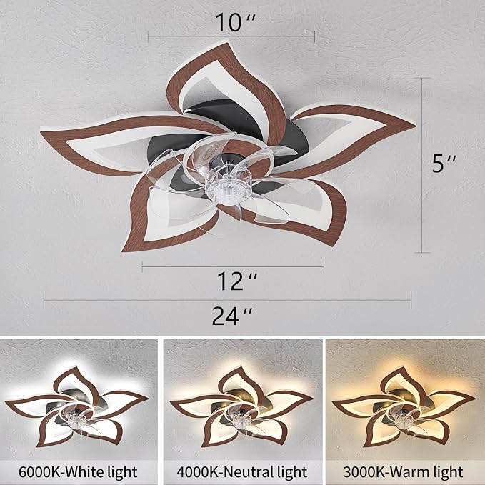Dalouguan 24" Ceiling Fan with Lights Remote Control, Wooden Geometric 6 Speeds 3 Light Color Low Profile Flush Mount Ceiling Fan for Kitchen Bedroom