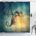 Ambesonne Fantasy Shower Curtain, Dragon in The Sky Creature Surreal Design, Cloth Fabric Bathroom Decor Set with Hooks, 69" W x 70" L, Teal Yellow