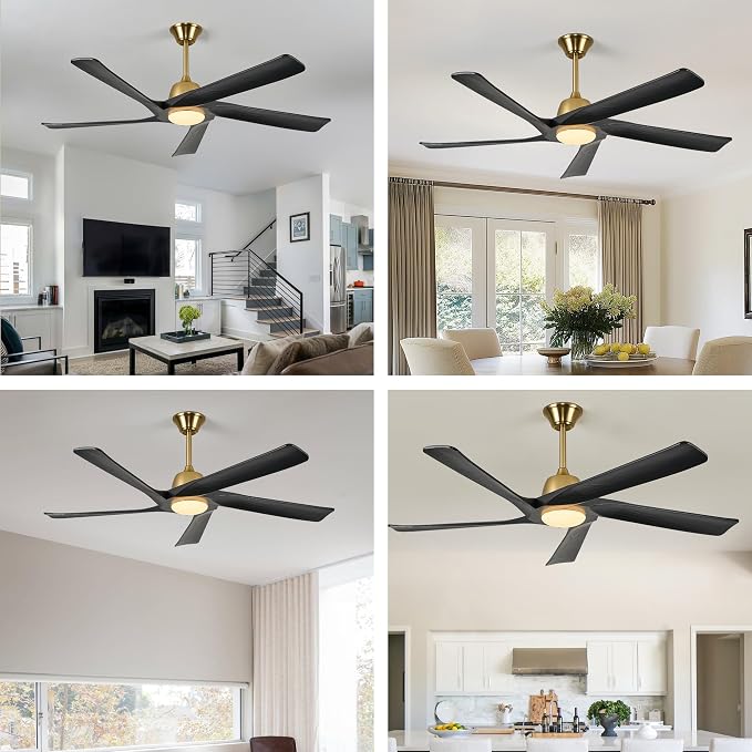 60 Inch Solid Wood Ceiling Fan with Light, Remote and APP Control, 3-color Dimmable, DC Motor, 6-speed Reversible,Outdoor/Indoor Ceiling Fans for Bedroom, Living Room, Black Gold
