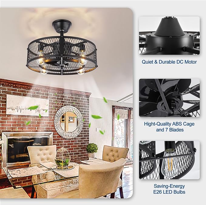 DLLT Caged Ceiling Fan with Light: 20" Farmhouse Fandelier with Lights and Remote Control - Black Rustic Semi Flush Mount Bladeless Ceiling Fans Enclosed Fan for Bedroon Kitchen Living Dining Room