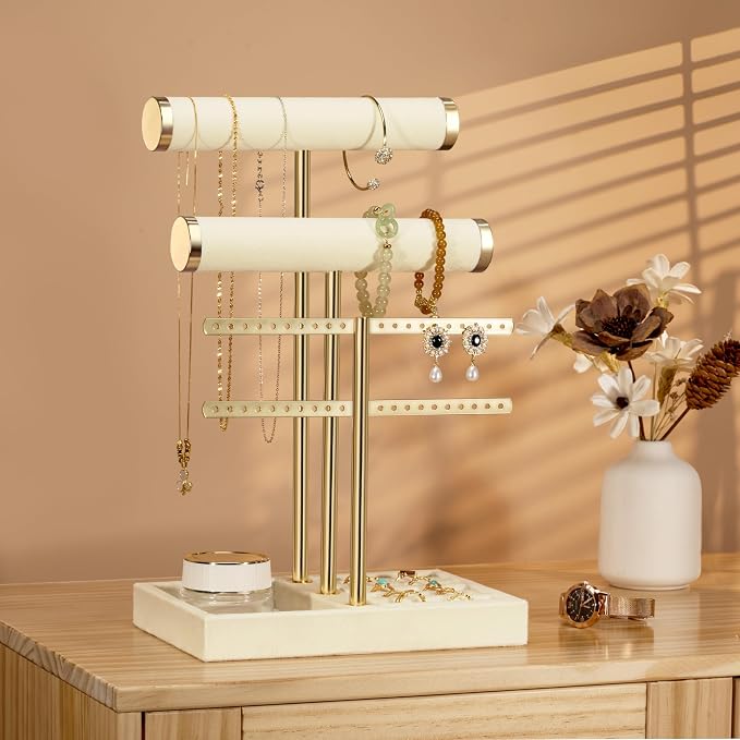 Jewelry Organizer Stand for Necklaces, Bracelets, Earrings, Rings, Beige | 3 Tier Velvet Bracelet Holder Display | Jewelry Organizers and Storage | Jewelry Tree | Jewelry Towers