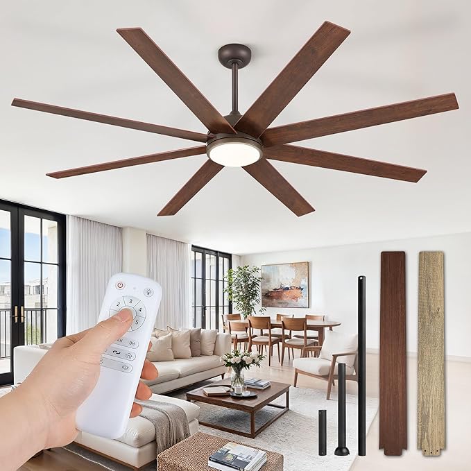 Fanbulous 74 Inch Ceiling Fans with Lights and Remote, Walnut Indoor/Outdoor Ceiling Fan with Quiet Reversible DC Motor, 6 Speeds, 3CCT, 8 Blades Large Ceiling Fan for Living Room Bedroom Patio