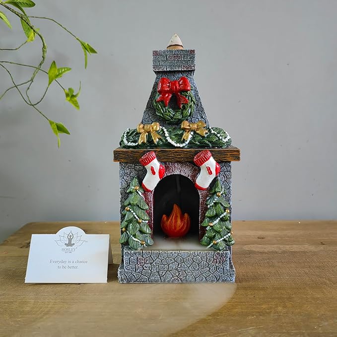 Hosley Resin Backflow Incense Holder and Burner - 7 Inch Christmas Fireplace Smoke Fountain Statue for Home Decor with 20 Apple Cinnamon Cones, Ideal for Meditation, and Relaxation