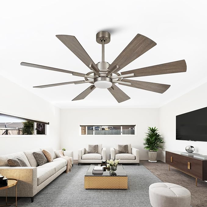 60 inch Large Ceiling Fans with Lights and Remote, Indoor/Outdoor Nickel Ceiling Fan, 8 Blades, Quiet DC Motor, Ceiling Fan 60 inch for Kitchen Living Room Garage, 3 CCT, 6 Speed, Timer