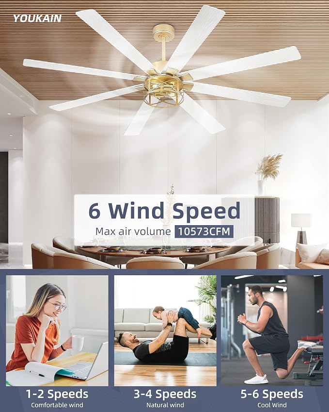 YOUKAIN Ceiling Fans with Lights, 72 Inch Farmhouse Ceiling Fans with Lights and Remote, 8-Reversible Blades, Gold Finish, Outdoor Ceiling Fan for Indoor/Outdoor Use, 72-YJ632-GDW