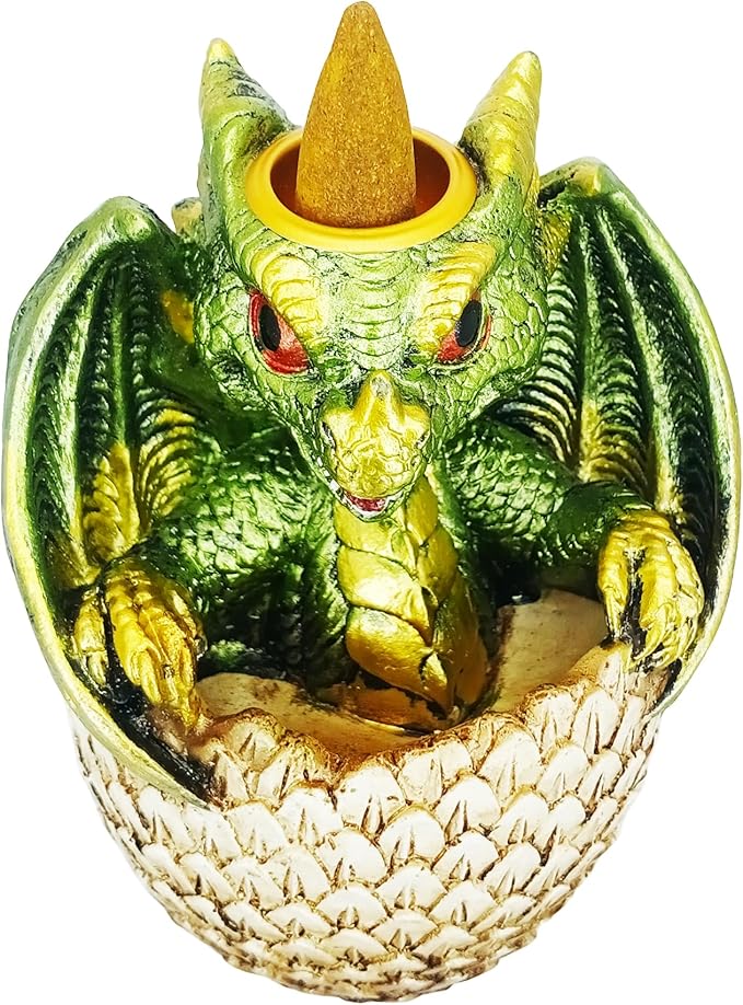 Fantasy Gifts Green Dragon in Egg Backflow Incense Burner 3.5 x 3 x 4.25 Inch | Hand Painted Cold Cast Resin Fountain | Mystical Home Décor & Aromatherapy Gift for Meditation and Relaxation