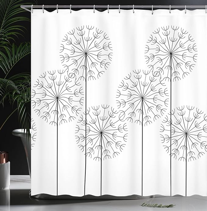 Ambesonne Floral Shower Curtain, Modern Hand Drawn Digital Flower Dandelions Botanic Plants Nature Art Print, Cloth Fabric Bathroom Decor Set with Hooks, 69" W x 75" L, White Charcoal Grey