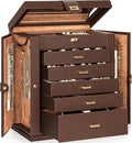 AKOZLIN 6-Tier Jewelry Box Organizer Functional 5 Drawers Leather Jewelry Storage Case for Women Girls Ring Necklace Earring Bracelet Holder Organizer with Mirror XL Brown 360° Rotating