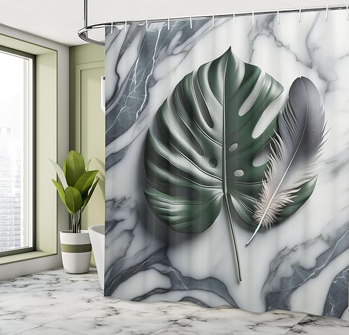 Ambesonne Dark Green Shower Curtain, Abstract Nature Paint Art Monstera and Feather on Marble Print Cold Tones, Cloth Fabric Bathroom Decor Set with Hooks, 69" W x 84" L, Blue Grey Emerald