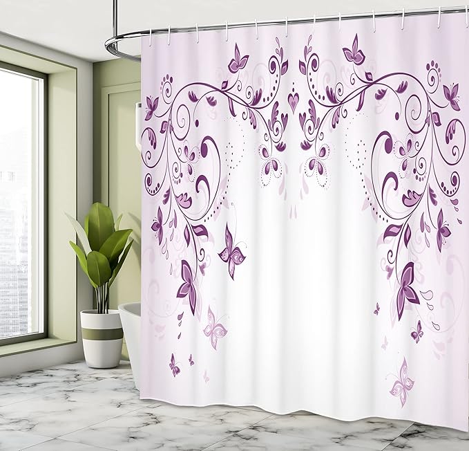 Ambesonne Purple Shower Curtain, Symmetric Victorian Period Inspired Spring Flower with Long Swirls Ceremony Woman, Cloth Fabric Bathroom Decor Set with Hooks, 69" W x 70" L, Violet
