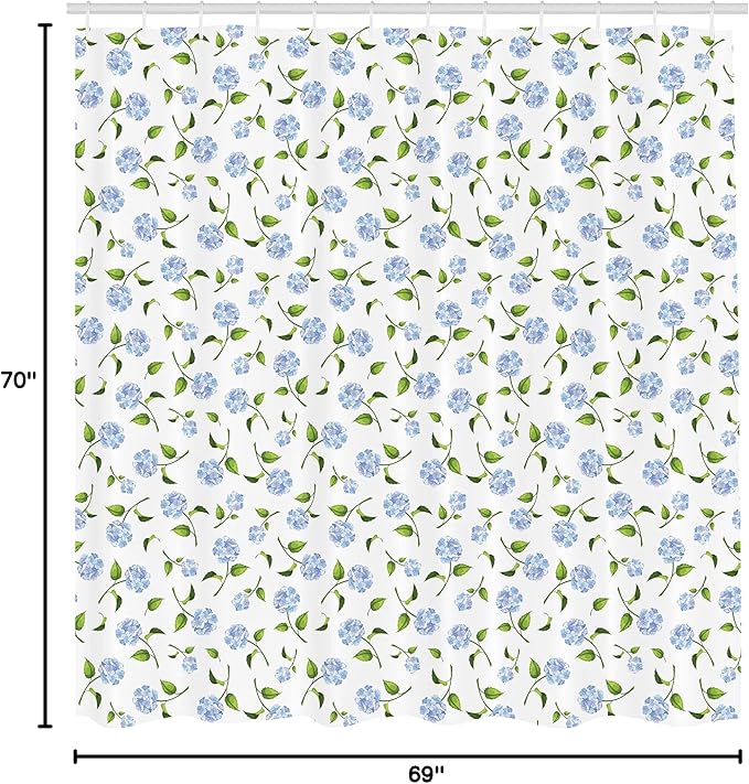 Ambesonne Floral Shower Curtain, Watercolor Hydrangea Flowers and Leaves Composed on a Plain Background, Cloth Fabric Bathroom Decor Set with Hooks, 69" W x 70" L, Ceil Blue Green White