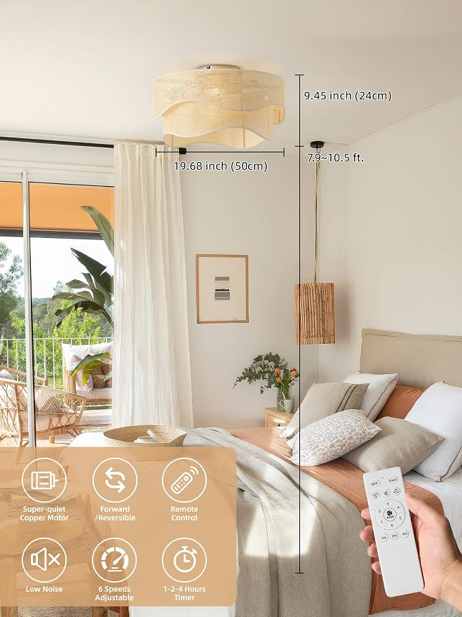 Flush Mount Ceiling Fan with Lights, 20" Low Profile Boho Ceiling Fan with Light Remote Control, Caged Rattan with 6 Speeds for Bedroom, Nursery, Living Room
