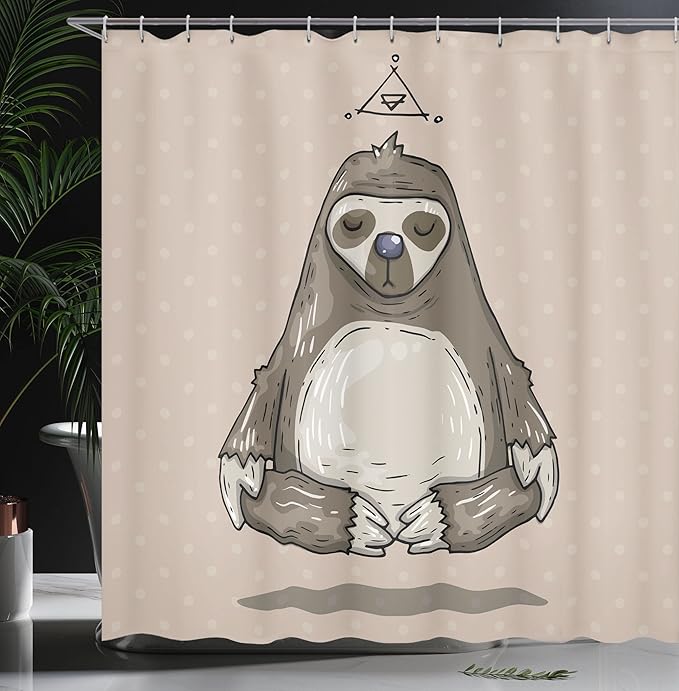 Ambesonne Sloth Shower Curtain, Cartoon Sloth Meditates Lotus Position Relax Lifestyle Comic Inspirational, Cloth Fabric Bathroom Decor Set with Hooks, 69" W x 70" L, Warm Taupe Sage Green