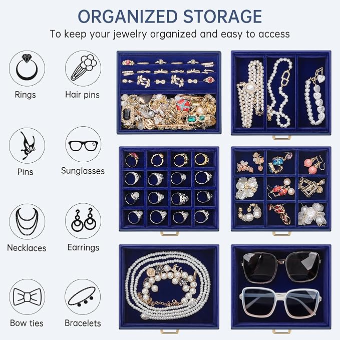 AKOZLIN 6-Tier Jewelry Box Organizer Functional 5 Drawers Leather Jewelry Storage Case for Women Girls Ring Necklace Earring Bracelet Holder Organizer with Mirror Medium Blue
