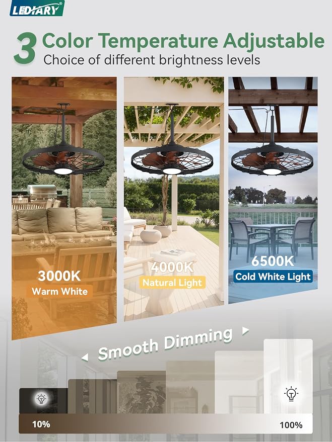 LEDIARY 24" Outdoor Ceiling Fan with Lights,IP65 Waterproof Gazebo Hanging Fan with Remote Control Smart App, Plug in Caged Ceiling Fan with 3CCT 6-Speeds for Patio Porch Pergola(Walnut)