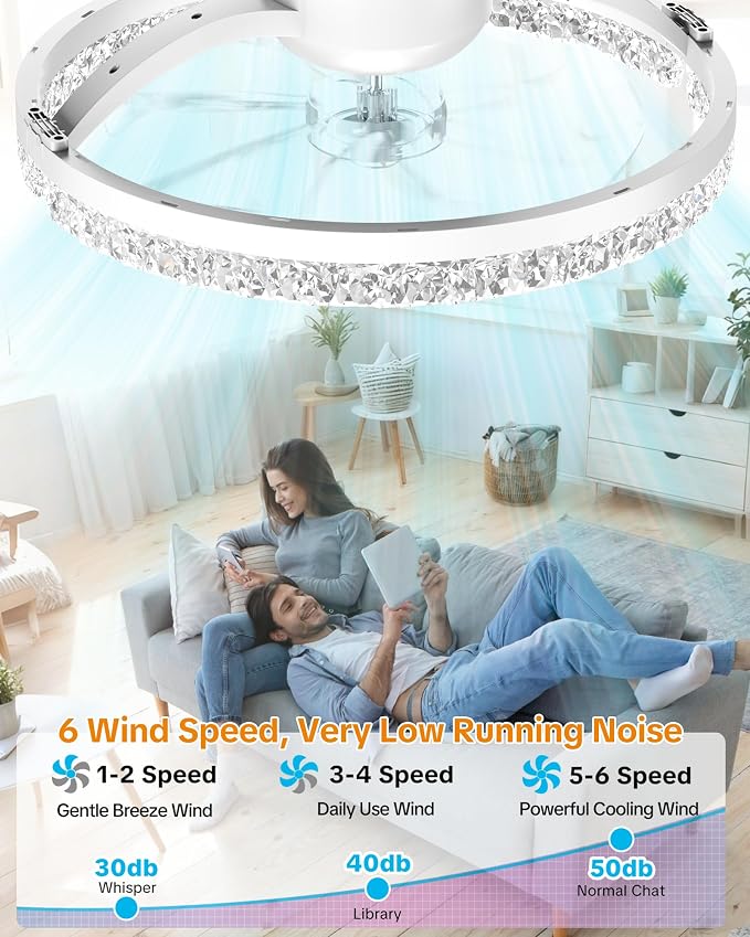 Ceiling Fans with Lights and Remote, Low Profile Ceiling Fan, Morden Flush Mount LED Fan Light, 3000K-6500K Dimmable for Bedroom, Kitchen, Living Room, Srystal, White