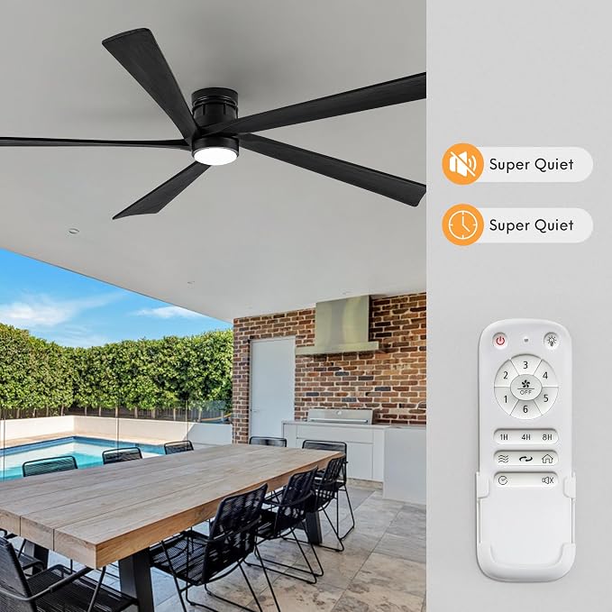 EKIZNSN 84 Inch Outdoor Low Profile Flush Mount Ceiling Fans with Lights for Patios, 110V Noiseless Reversible DC Motor, 6-Gear Speed (Black Finish with Black Blades)