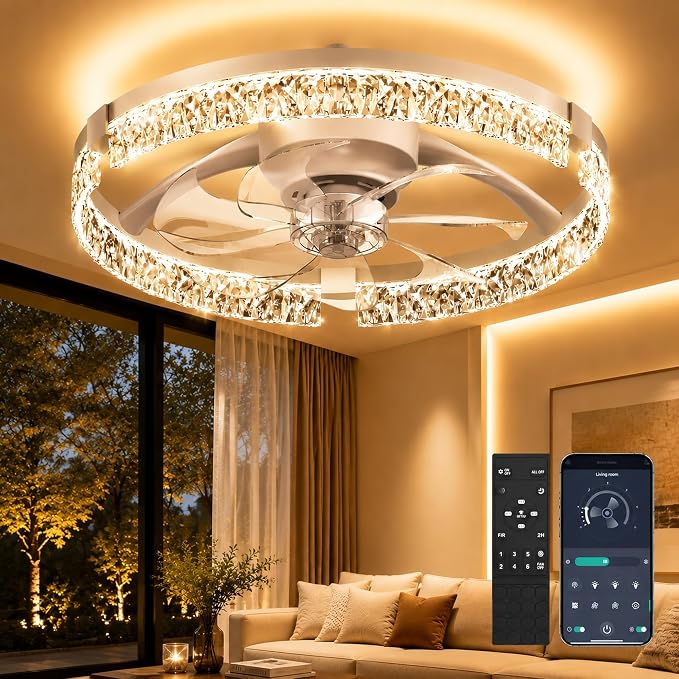 Crystal Ceiling Fans with Lights and Remote, 20'' Low Profile Ceiling Fan, 1-6 Wind Speeds, 3000-6500K Dimmable Flush Mount LED Fan Light, Modern Fandelier Ceiling Fans for Bedroom