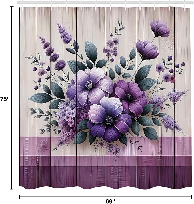Ambesonne Purple Shower Curtain, Modern Farmhouse Themed Rustic Back with Greenery Leaves Floral Huddle, Cloth Fabric Bathroom Decor Set with Hooks, 69" W x 75" L, Lavender Indigo Eggshell