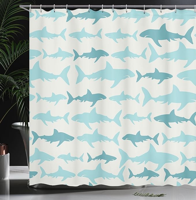 Ambesonne Sea Animals Shower Curtain, Monochrome Shark Illustration Fashion Maritime Illustration Aquatics, Cloth Fabric Bathroom Decor Set with Hooks, 69" W x 70" L, White Blue