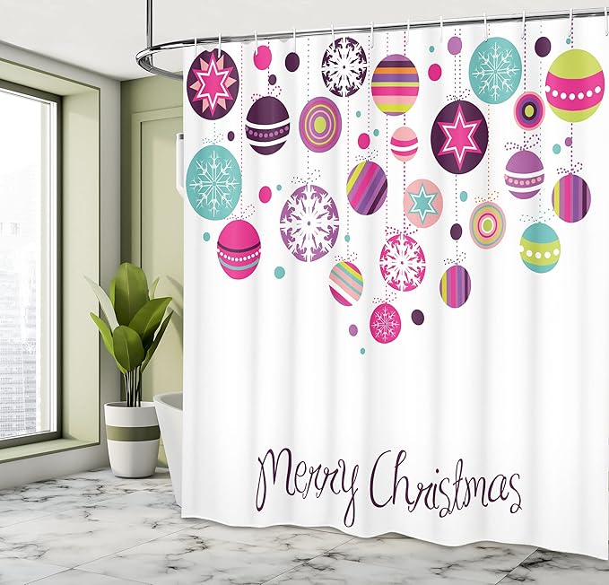 Ambesonne Christmas Shower Curtain, Colorful Graphic Baubles with Retro Snowflake Ornaments Celebration Hand Writing, Cloth Fabric Bathroom Decor Set with Hooks, 69" W x 70" L, Pastel Magenta