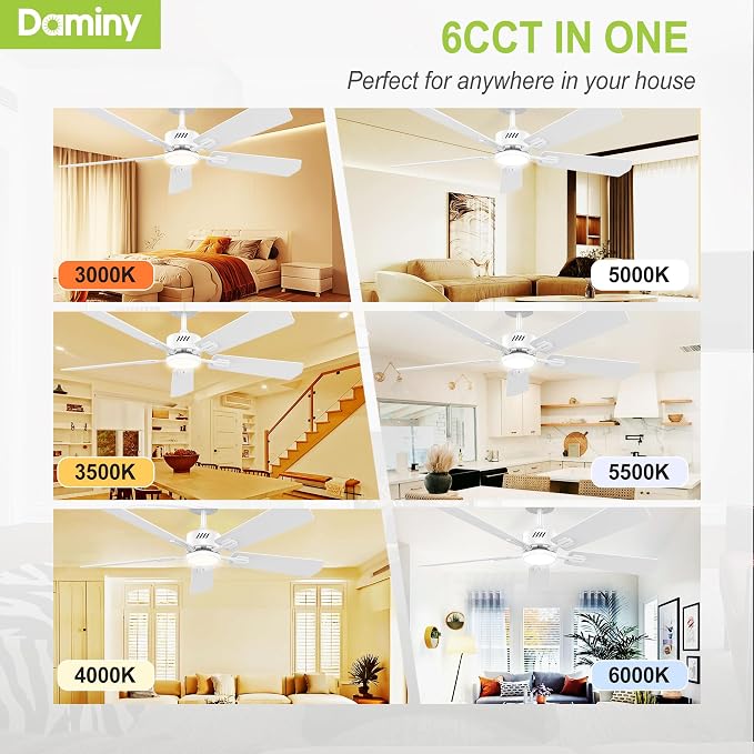 DAMINY 52 inch Ceiling Fan with Light,6CCT,5 Blade,Low Profile Ceiling Fan with Light and Remote Control,Downrods,White,Living Room,Indoor/Outdoor Use