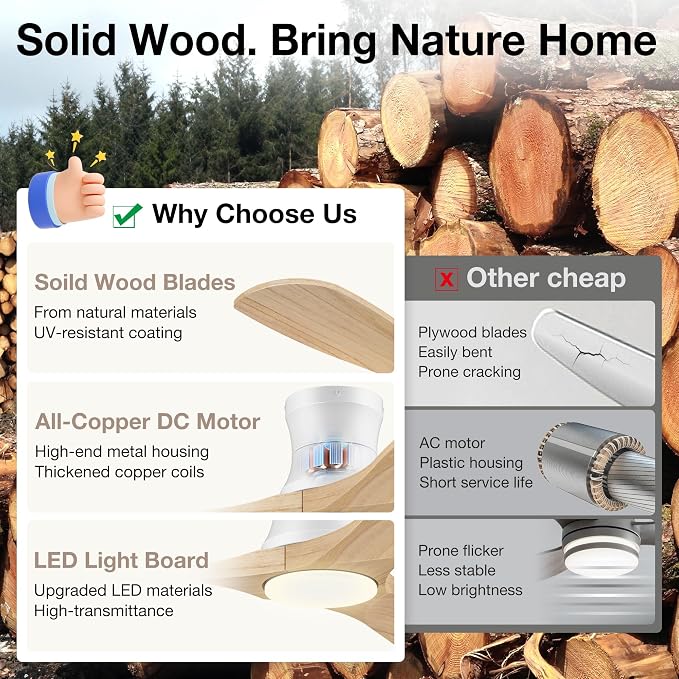 52” Wood Ceiling Fans with Lights Remote,Low Profile Flush Mount Ceiling Fan with Light,Outdoor Indoor Modern Ceiling fans for Bedroom Living room Patio,Light Wood&White,3 Blades,Dimmable LED,Quiet