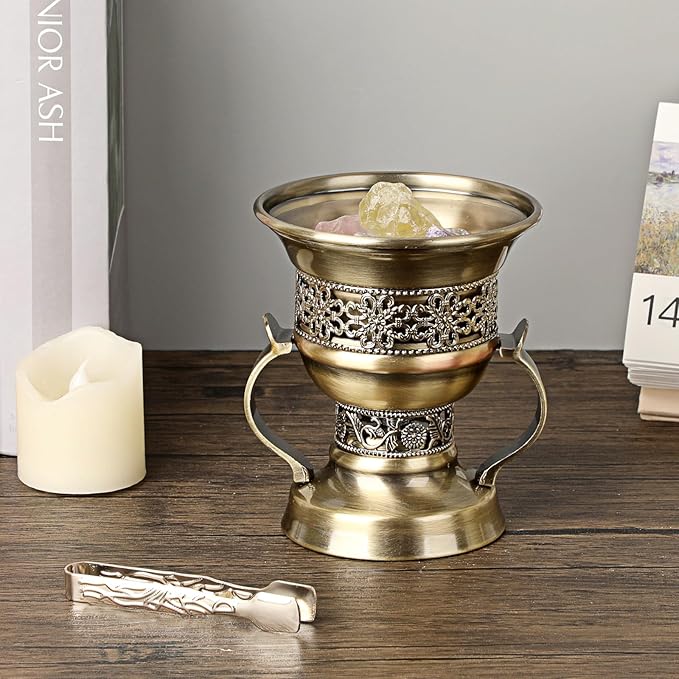 JUXYES Vintage Incense Burner Holder with Ash Catchers and Tongs, Metal Censer Antique Charcoal insencents Burner Zinc Alloy Spiritual Aromatherapy Yoga Meditation Retro Home Decoration