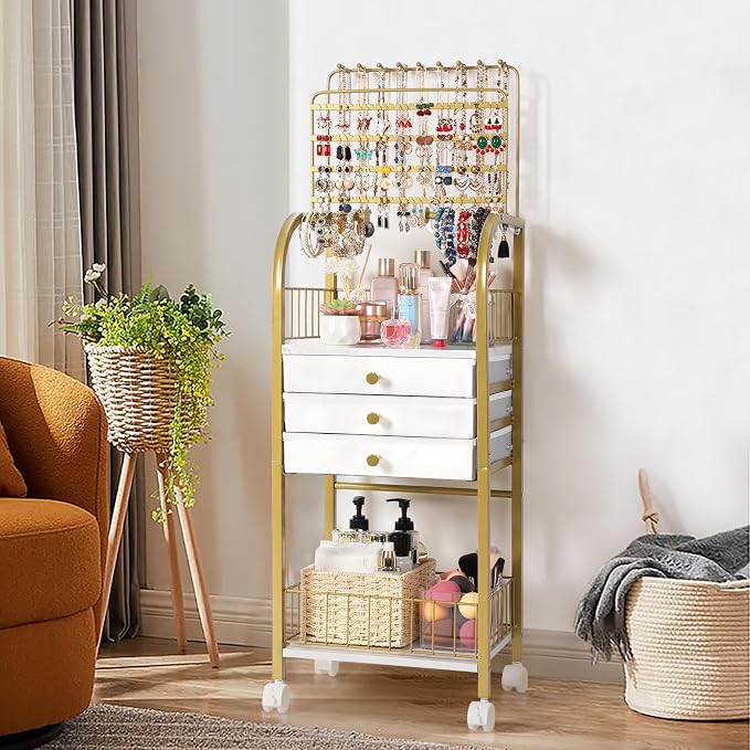 Keebofly Large Floor Jewelry Organizer Stand with 3 Drawers - Gold | Mobile Jewelry Tower Holder with Display, Large Capacity Rack for Necklaces & Rings, Perfect Storage Gift for Women
